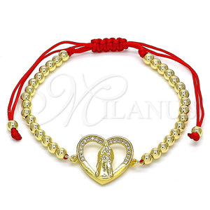 Pulsera Bolo Ajustable 03.207.0107.11 Oro Laminado, Diseño de Guadalupe y Corazón, con Blanca Micro Pave, Pulido, Tono Dorado (04 MM Thickness, 11 Inches Length)