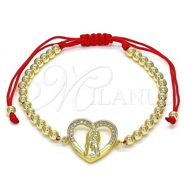 Pulsera Bolo Ajustable 03.207.0107.11 Oro Laminado, Diseño de Guadalupe y Corazón, con Blanca Micro Pave, Pulido, Tono Dorado (04 MM Thickness, 11 Inches Length)