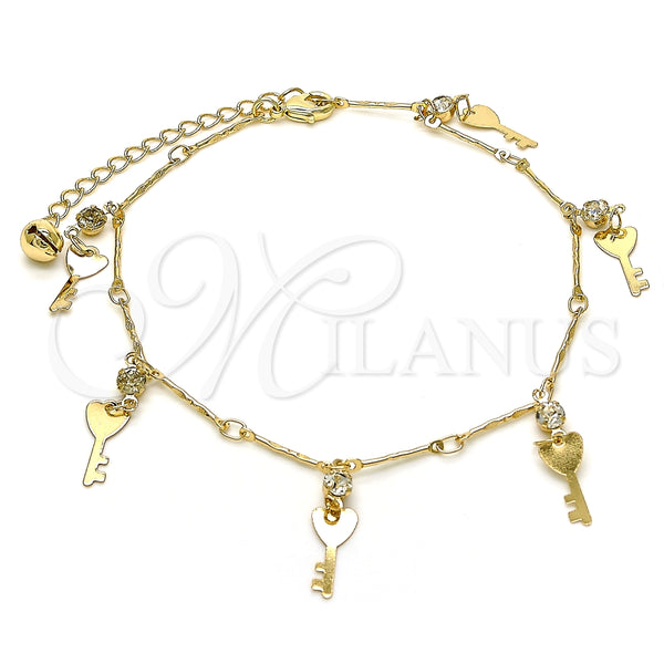 Tobillera de Dije 03.213.0092.10 Oro Laminado, Diseño de Llave y Cascavel, con Blanca Cristal, Pulido, Tono Dorado (01 MM Thickness, 10 Inches Length)