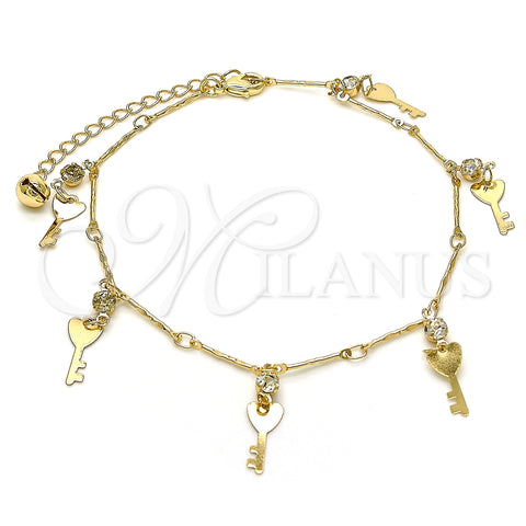 Tobillera de Dije 03.213.0092.10 Oro Laminado, Diseño de Llave y Cascavel, con Blanca Cristal, Pulido, Tono Dorado (01 MM Thickness, 10 Inches Length)