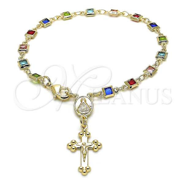 Rosario de Pulsera 09.326.0004.07 Oro Laminado, Diseño de Caridad del Cobre y Crucifijo, con Multicolor Cristal, Pulido, Tono Dorado