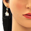 Arete Colgante 02.351.0058 Oro Laminado, Diseño de Elefante, con Blanca Cristal, Esmaltado Blanco, Tono Dorado