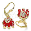 Arete Colgante 02.351.0058.1 Oro Laminado, Diseño de Elefante, con Blanca Cristal, Esmaltado Rojo, Tono Dorado
