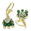 Arete Colgante 02.351.0058.3 Oro Laminado, Diseño de Elefante, con Blanca Cristal, Esmaltado Verde, Tono Dorado