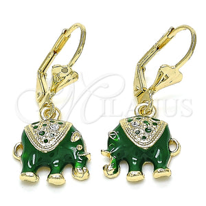 Arete Colgante 02.351.0058.3 Oro Laminado, Diseño de Elefante, con Blanca Cristal, Esmaltado Verde, Tono Dorado