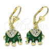 Arete Colgante 02.351.0058.3 Oro Laminado, Diseño de Elefante, con Blanca Cristal, Esmaltado Verde, Tono Dorado