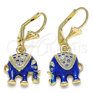 Arete Colgante 02.351.0058.4 Oro Laminado, Diseño de Elefante, con Blanca Cristal, Esmaltado Azul, Tono Dorado