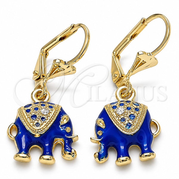 Arete Colgante 02.351.0058.4 Oro Laminado, Diseño de Elefante, con Blanca Cristal, Esmaltado Azul, Tono Dorado