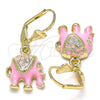 Arete Colgante 02.351.0058.5 Oro Laminado, Diseño de Elefante, con Blanca Cristal, Esmaltado Rosado, Tono Dorado