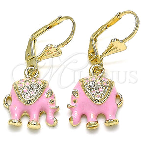 Arete Colgante 02.351.0058.5 Oro Laminado, Diseño de Elefante, con Blanca Cristal, Esmaltado Rosado, Tono Dorado