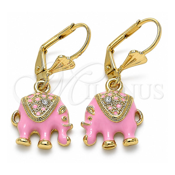 Arete Colgante 02.351.0058.5 Oro Laminado, Diseño de Elefante, con Blanca Cristal, Esmaltado Rosado, Tono Dorado