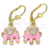 Arete Colgante 02.351.0058.5 Oro Laminado, Diseño de Elefante, con Blanca Cristal, Esmaltado Rosado, Tono Dorado