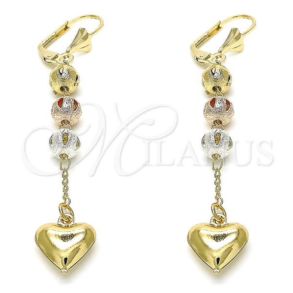 Arete Largo 02.351.0062 Oro Laminado, Diseño de Corazón, Pulido, Tres Tonos