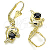 Arete Colgante 02.351.0064.2 Oro Laminado, Diseño de Delfín, con Negro Cristal, Pulido, Tono Dorado