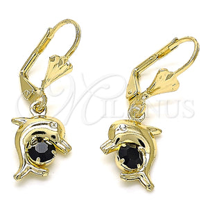 Arete Colgante 02.351.0064.2 Oro Laminado, Diseño de Delfín, con Negro Cristal, Pulido, Tono Dorado