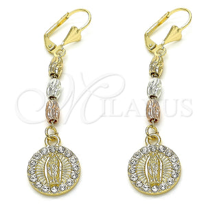 Arete Largo 02.351.0028.1 Oro Laminado, Diseño de Guadalupe, con Blanca Cristal, Diamantado, Tono Dorado