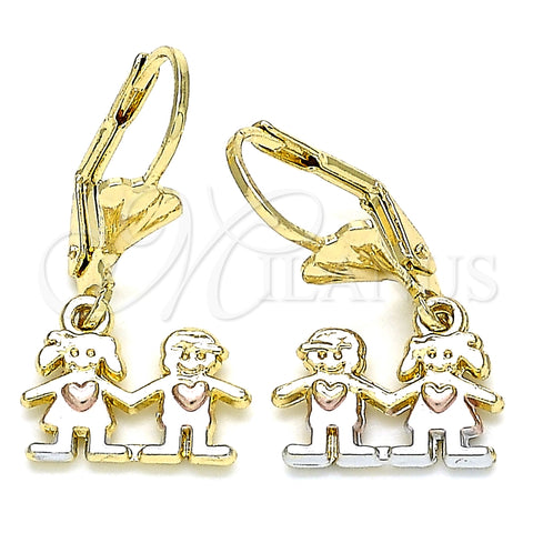 Arete Colgante 02.351.0080 Oro Laminado, Diseño de Niñito Pequeño y Niñita Pequeña, Pulido, Tres Tonos