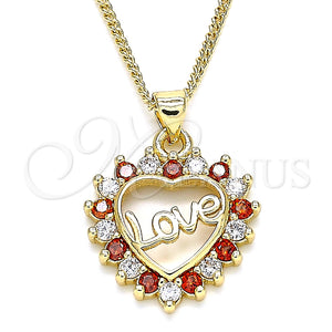 Collares con Dije 04.156.0047.1.20 Oro Laminado, Diseño de Corazón y Amor, con Granate and Blanca Zirconia Cubica, Pulido, Tono Dorado (02 MM Thickness, 20 Inches Length)