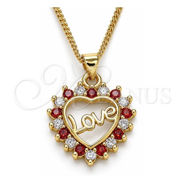 Collares con Dije 04.156.0047.1.20 Oro Laminado, Diseño de Corazón y Amor, con Granate and Blanca Zirconia Cubica, Pulido, Tono Dorado (02 MM Thickness, 20 Inches Length)