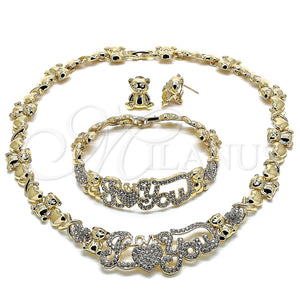 Collar, Pulsera y Dije 06.372.0002 Oro Laminado, Diseño de Besos y Abrazos y Osito, con Blanca Cristal, Pulido, Tono Dorado