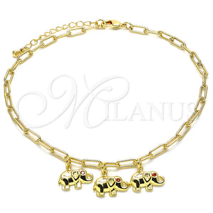 Tobillera de Dije 03.63.2165.10 Oro Laminado, Diseño de Elefante y Paperclip, con Granate Zirconia Cubica, Pulido, Tono Dorado (04 MM Thickness, 10 Inches Length)