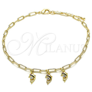 Tobillera de Dije 03.63.2167.10 Oro Laminado, Diseño de Delfín y Paperclip, con Blanca and Rubi Zirconia Cubica, Pulido, Tono Dorado (04 MM Thickness, 10 Inches Length)