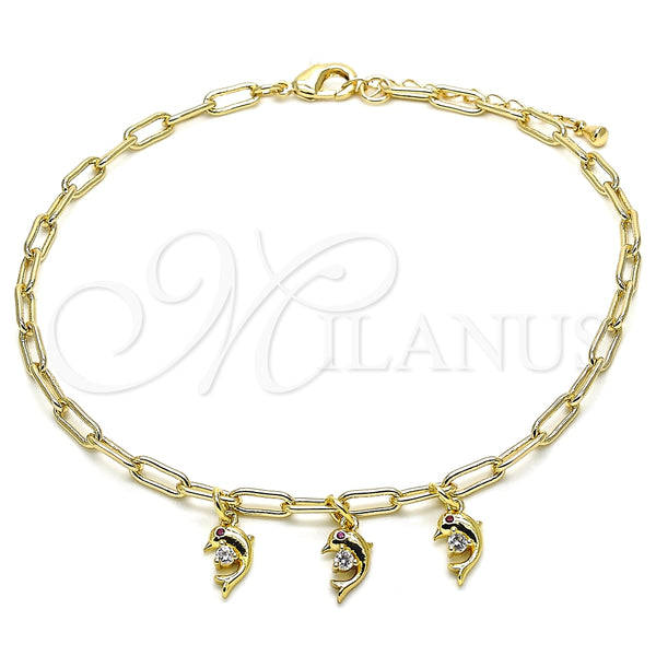 Tobillera de Dije 03.63.2167.10 Oro Laminado, Diseño de Delfín y Paperclip, con Blanca and Rubi Zirconia Cubica, Pulido, Tono Dorado (04 MM Thickness, 10 Inches Length)