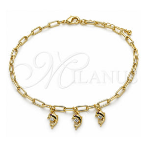 Tobillera de Dije 03.63.2167.10 Oro Laminado, Diseño de Delfín y Paperclip, con Zirconia Cubica Blanca y Rubi, Pulido, Tono Dorado (Grosor 04 MM, 10 Pulgadas de Largo)