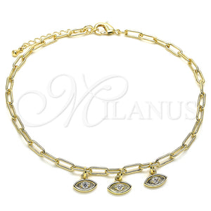 Tobillera de Dije 03.63.2168.10 Oro Laminado, Diseño de Paperclip y Paperclip, con Blanca Zirconia Cubica, Pulido, Tono Dorado (04 MM Thickness, 10 Inches Length)