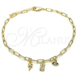 Tobillera de Dije 03.63.2169.10 Oro Laminado, Diseño de Búho y Paperclip, con Blanca Zirconia Cubica, Pulido, Tono Dorado (04 MM Thickness, 10 Inches Length)