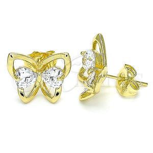 Arete Dormilona 02.26.0283 Oro Laminado, Diseño de Mariposa y Corazón, con Blanca Zirconia Cubica, Pulido, Tono Dorado