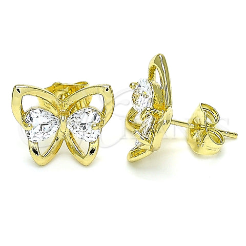Arete Dormilona 02.26.0283 Oro Laminado, Diseño de Mariposa y Corazón, con Blanca Zirconia Cubica, Pulido, Tono Dorado