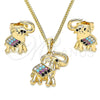 Juego de Arete y Dije de Adulto 10.26.0021.1 Oro Laminado, Diseño de Elefante, con Multicolor Micro Pave, Pulido, Tono Dorado