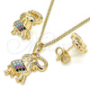 Juego de Arete y Dije de Adulto 10.26.0021.1 Oro Laminado, Diseño de Elefante, con Multicolor Micro Pave, Pulido, Tono Dorado