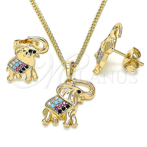 Juego de Arete y Dije de Adulto 10.26.0021.1 Oro Laminado, Diseño de Elefante, con Multicolor Micro Pave, Pulido, Tono Dorado