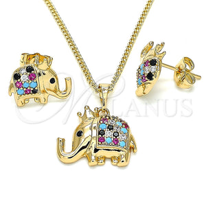 Juego de Arete y Dije de Adulto 10.26.0022 Oro Laminado, Diseño de Elefante y Corona, con Multicolor Micro Pave, Pulido, Tono Dorado