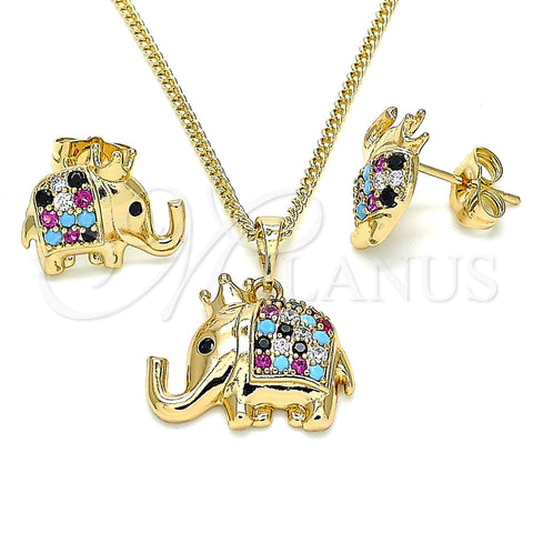 Juego de Arete y Dije de Adulto 10.26.0022 Oro Laminado, Diseño de Elefante y Corona, con Multicolor Micro Pave, Pulido, Tono Dorado