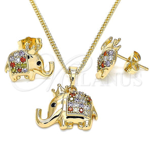 Juego de Arete y Dije de Adulto 10.26.0022.1 Oro Laminado, Diseño de Elefante y Corona, con Micro Pave Multicolor, Pulido, Tono Dorado