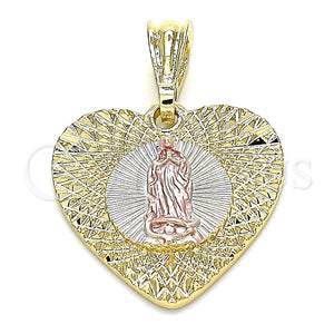 Dije Elegante 05.351.0081.1 Oro Laminado, Diseño de Guadalupe y Corazón, Diamantado, Tres Tonos