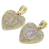 Dije Elegante 05.351.0081.1 Oro Laminado, Diseño de Guadalupe y Corazón, Diamantado, Tres Tonos