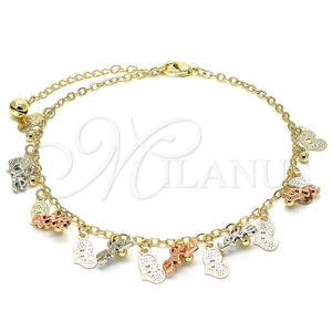 Tobillera de Dije 03.331.0040.09 Oro Laminado, Diseño de Amor y Corazón, Pulido, Tres Tonos (03 MM Thickness, 9 Inches Length)