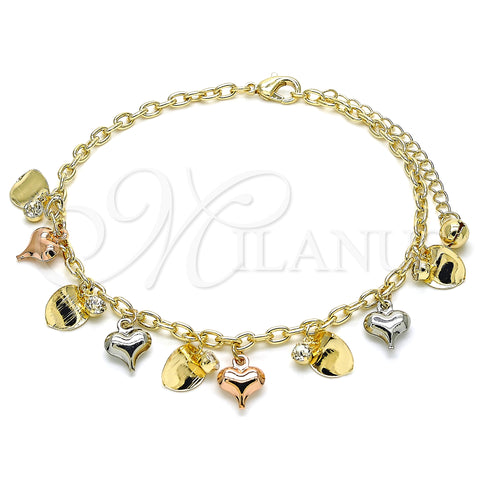 Tobillera de Dije 03.331.0041.09 Oro Laminado, Diseño de Corazón y Cascavel, con Blanca Cristal, Pulido, Tres Tonos (03 MM Thickness, 9 Inches Length)