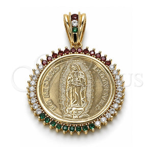 Dije Religioso 05.63.1159.1 Oro Laminado, Diseño de Guadalupe y Moneda Centenario, con Zirconia Cubica Multicolor, Pulido, Tono Dorado