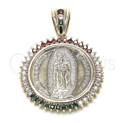 Dije Religioso 05.63.1159.1 Oro Laminado, Diseño de Guadalupe y Moneda Centenario, con Multicolor Zirconia Cubica, Pulido, Tono Dorado