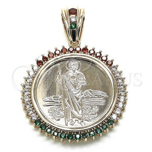Dije Religioso 05.63.1160.1 Oro Laminado, Diseño de San Judas y Moneda Centenario, con Multicolor Zirconia Cubica, Pulido, Tono Dorado