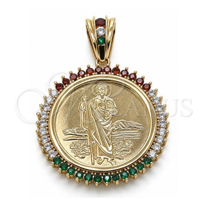 Dije Religioso 05.63.1160.1 Oro Laminado, Diseño de San Judas y Moneda Centenario, con Zirconia Cubica Multicolor, Pulido, Tono Dorado