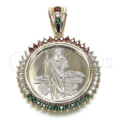 Dije Religioso 05.63.1160.1 Oro Laminado, Diseño de San Judas y Moneda Centenario, con Multicolor Zirconia Cubica, Pulido, Tono Dorado