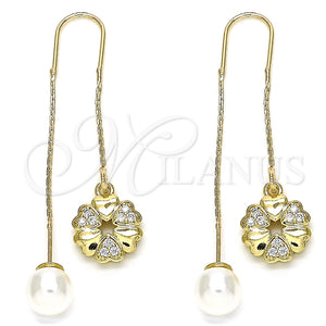 Arete Violador 02.210.0342 Oro Laminado, Diseño de Flor y Corazón, con Blanca Micro Pave, Pulido, Tono Dorado