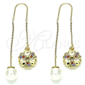 Arete Violador 02.210.0342.1 Oro Laminado, Diseño de Flor y Corazón, con Multicolor Micro Pave, Pulido, Tono Dorado