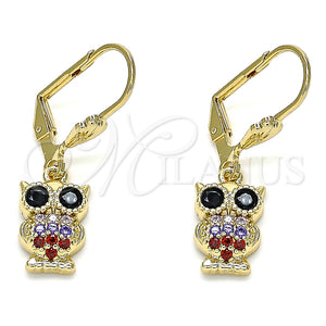 Arete Violador 02.210.0348.1 Oro Laminado, Diseño de Búho, con Multicolor Micro Pave, Pulido, Tono Dorado